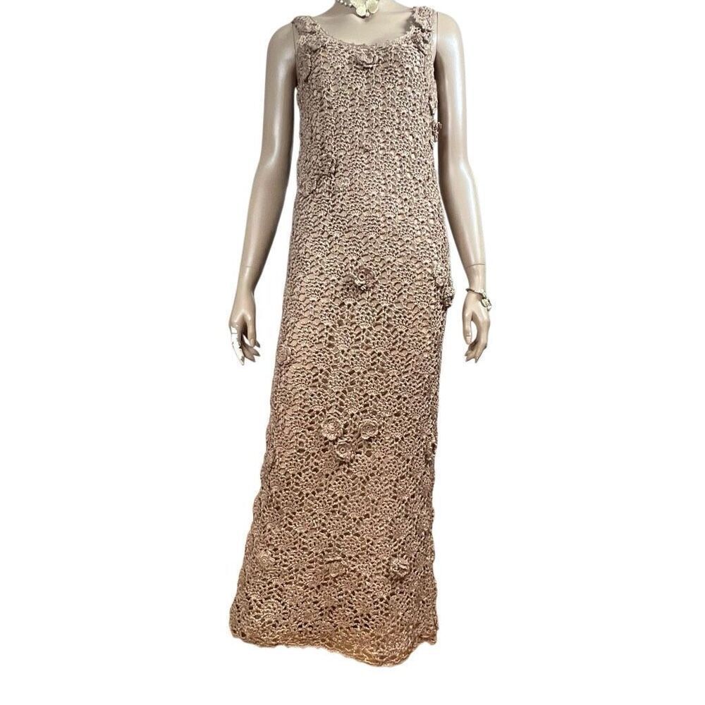 Zara Crochet Knit Floral Maxi Dress Tan Sleeveless with Lining Size S (041)